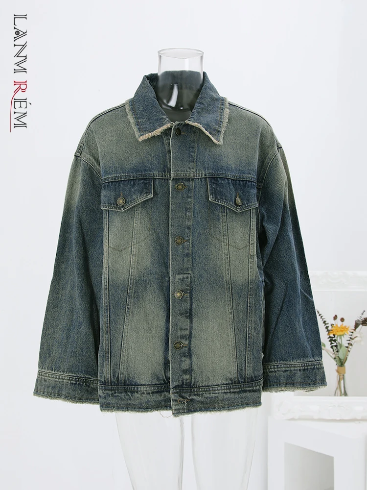 

LANMREM Vintage Denim Jackets For Women Lapel Pockets Single Breasted Washed Coat Streetwear 2024 Spring Autumn New 32C1063