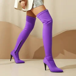 Bright Neon Yellow Orange Purple Color Pointed Toe Over-the-knee Stretch Boots Spike High Heels Thigh High Over knees Sexy Shoes