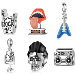Rock Style Skull Electric Guitar Beth Microphone 925 Sterling Silver Charms DIY Fit Original European Charms Bracelet Making