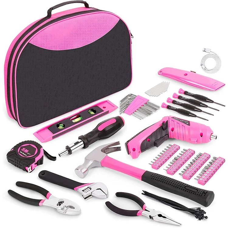 

Pink Professional Heavy Duty Hand Tools 122-piece Pink Tool Set with 3.6V Rotatable Electric Screwdriver Bag Carbon Steel 500