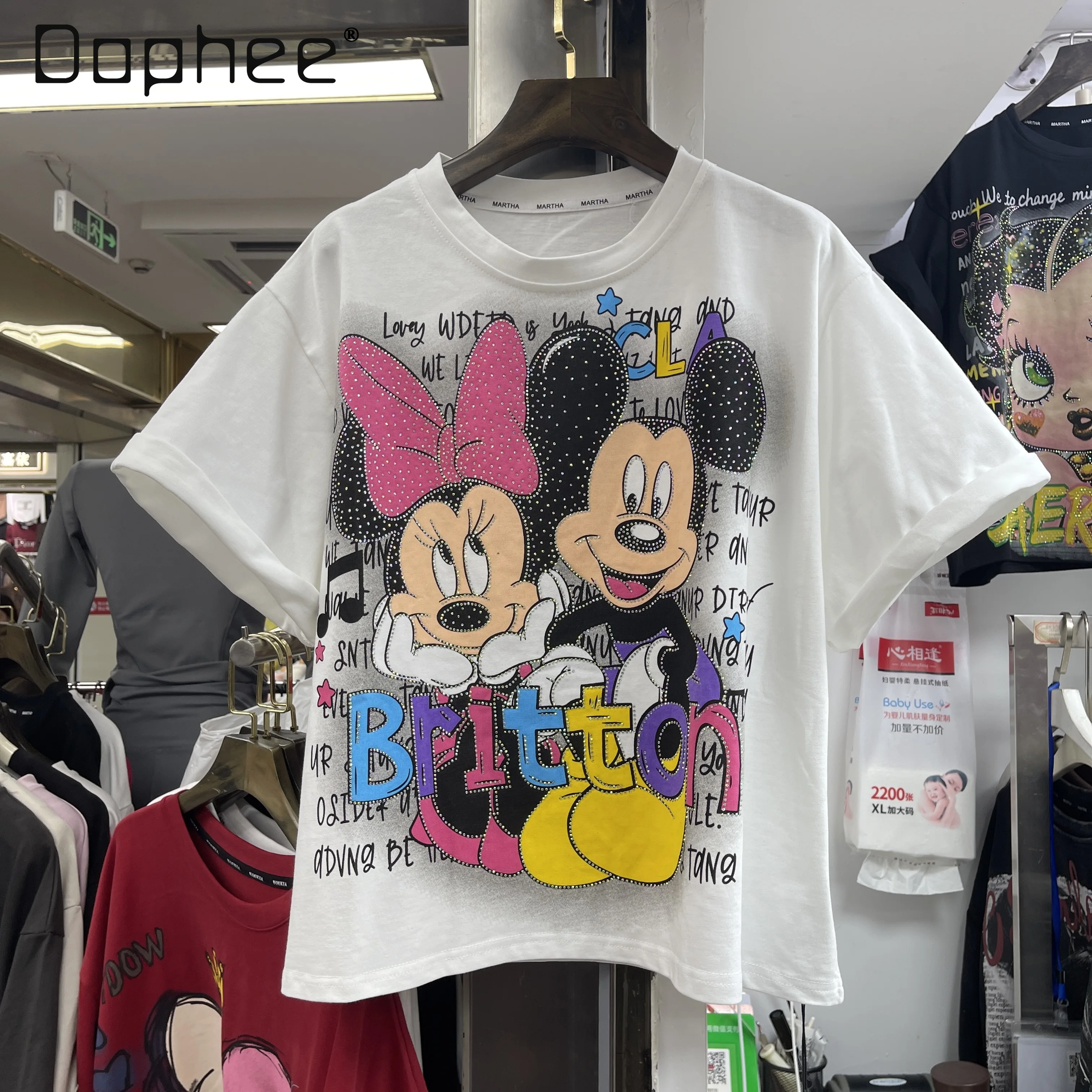 

Short Sleeve T-Shirt for Women 2025 Autumn New Loose Casual Versatile Cartoon Print Rhinestones Round Neck Tops