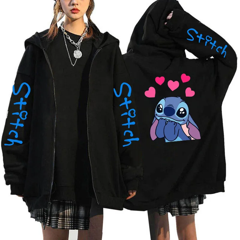 Sudadera con capucha Y2k de los años 90 con cremallera de Disney Stitch, sudaderas con cremallera para mujer, sudadera bonita de Anime Harajuku,