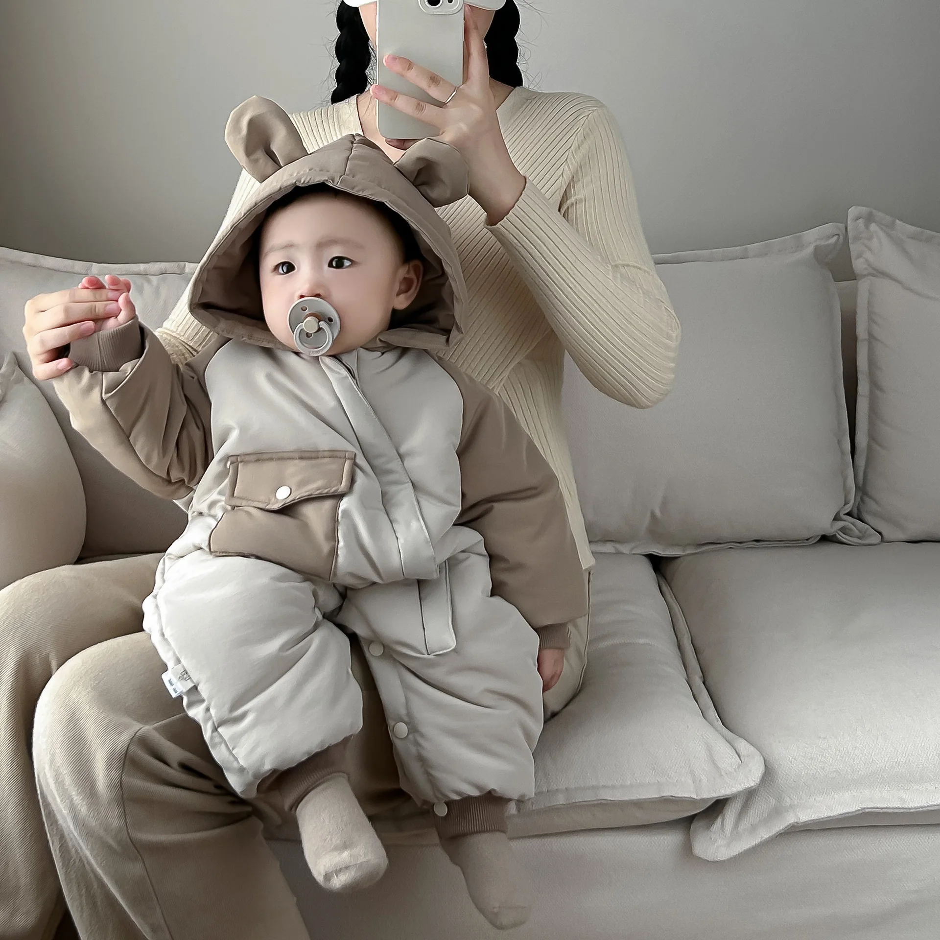 

Baby Hooded Cotton Jacket Autumn and Winter All-match Casual Warm and Comfortable Animal Ears with Thick Velvet Rompers