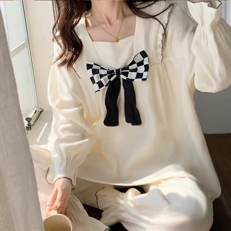 Spring and Autumn New Women\'s Pajamas Homewear Suit Female Court Style Doll Collar Japanese Girl Plaid Autumn and Winter Homewea