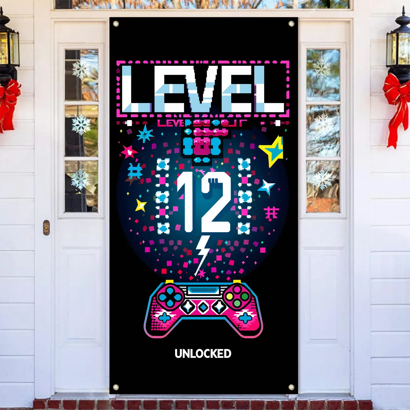 70×35 inch Level 12 Unlocked Birthday Banner 12th Birthday Decorations for Boys 12th Video Game Birthday Decor