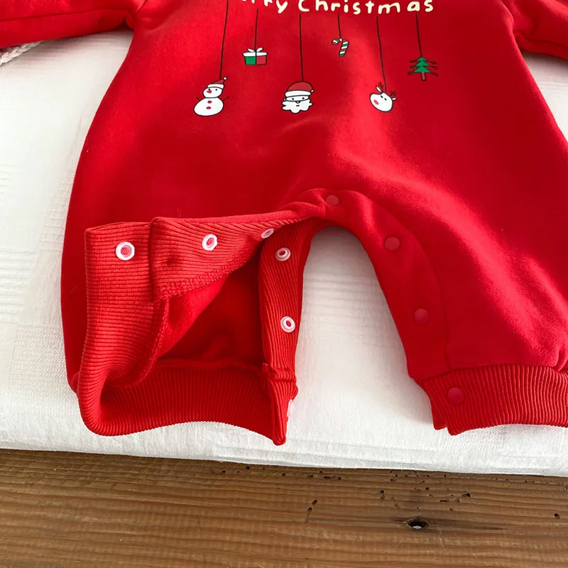 2023 New Christmas Costume Infant Baby Boys Girls Jumpsuit Hooded Cartoon Printing Plush Thicken Romper New Year Kids Clothing