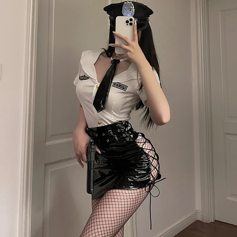 

Sexy Women's Police Uniform Lingerie Set Nightclub Costume for Rave Theme Party Roleplay White shirts Skirt Latex Outfit