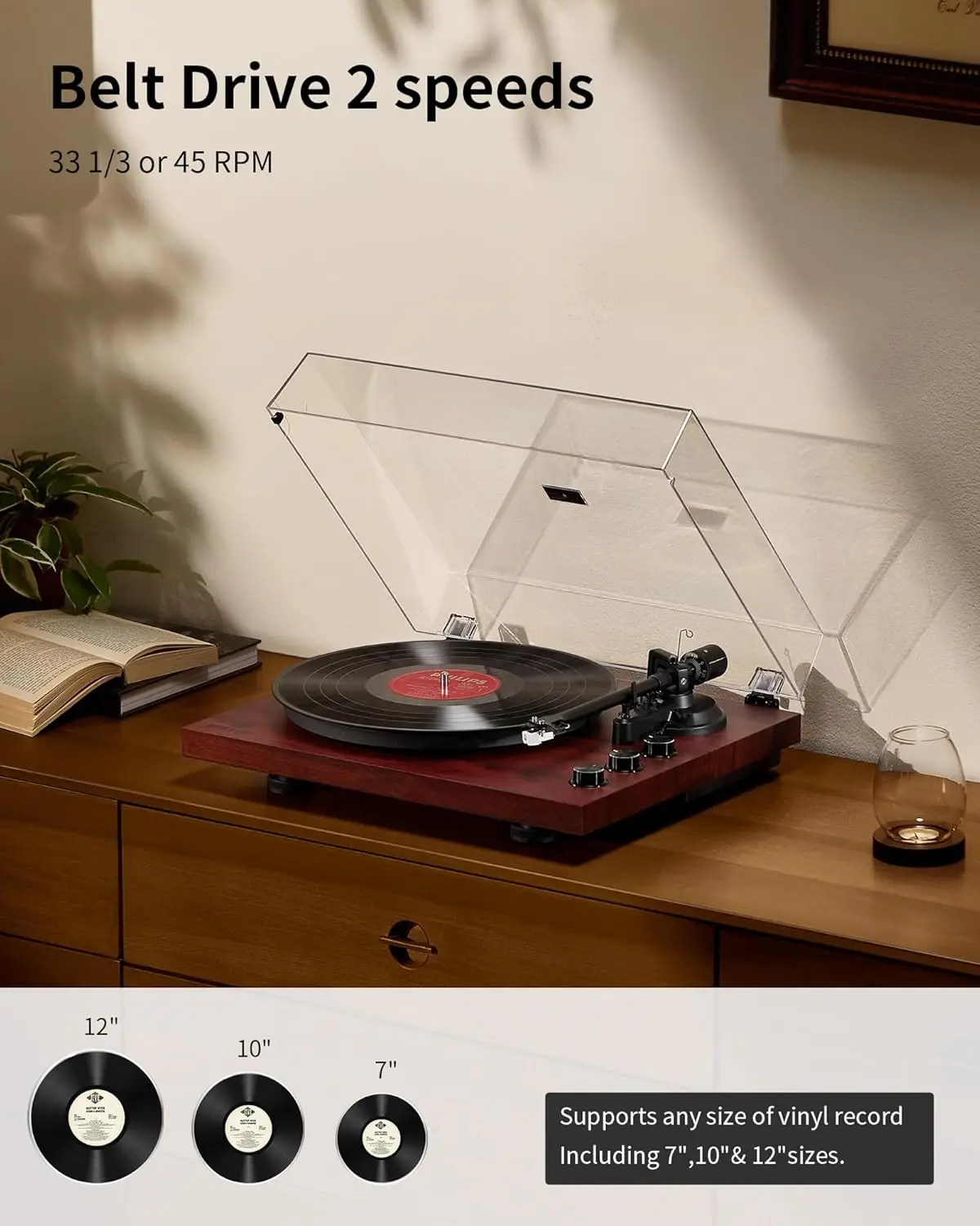 

Vinyl Record Player Turntable with 2-Speed Belt-Drive, Bluetooth Output, Pitch Control, Built-in Phono Preamp