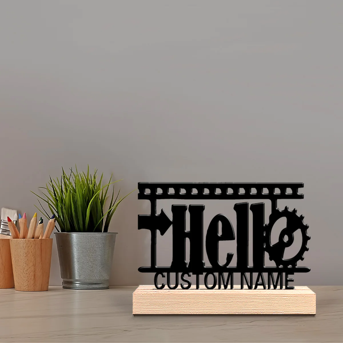 1pc Retro Personalized Custom hello Metal Statues Modern Wooden Base Desk Sculpture for Nature Lovers Cabin Office Minimalism
