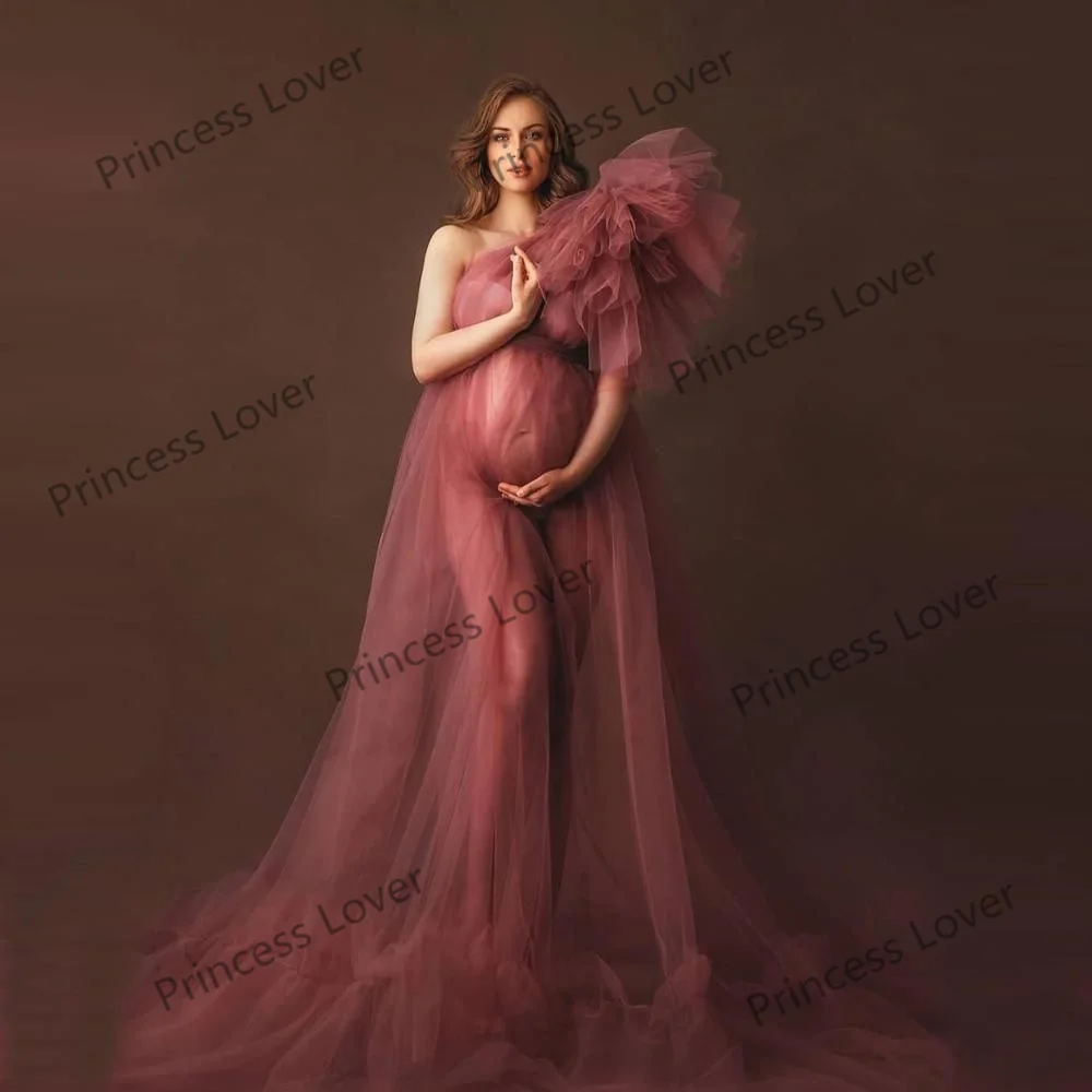 Maternity Prom Dresses for Photoshoot Tulle One Shoulder Bridal Wrap Fluffy Pregnant Women Robes Sexy Dressing Gowns