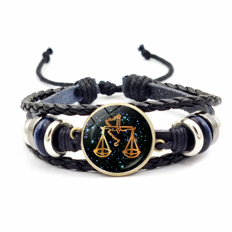 12 Zodiac Signs Leather Bracelet for Men Women Pisces Aquarius Capricorn Scorpio Braided Rope Bracelets Birthday Gift Wholesale