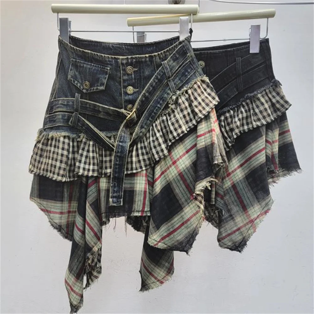 Splicing plaid midi skirt for women girl irregular short skirt belt