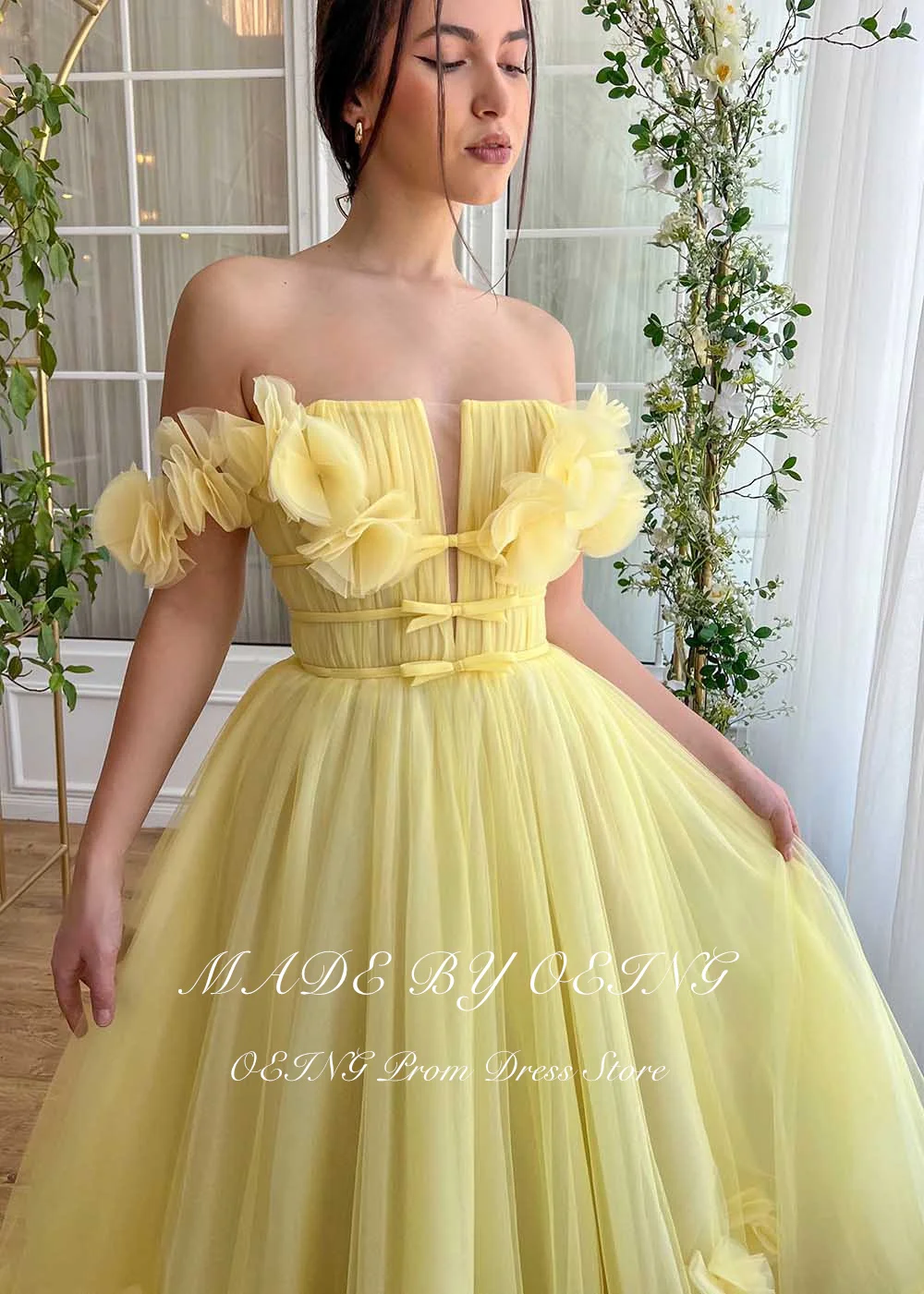 OEING Yellow Pastrol Prom Gown a-line Appliques abiti da sera Fairy Off The Shoulder Tulle abiti da festa di compleanno Vestidos De