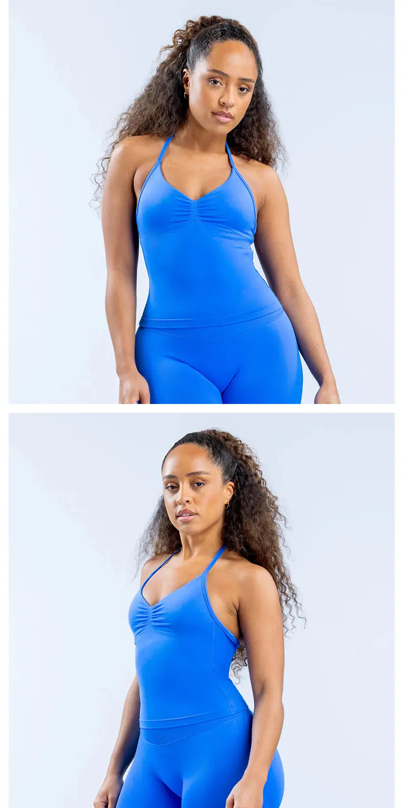 Langes, trägerloses, nahtloses Yoga-Tanktop mit gerafftem Rücken, ärmelloses Fitness-Workout-Shirt mit integriertem BH für Damen – Detail 2