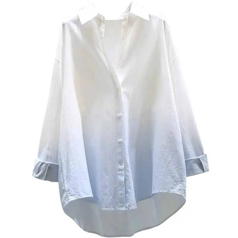 White Gradient Loose Blouse Spring New Long Sleeve Polo Neck Korean Contrast All-match Shirt Tops Trend Casual Women Clothing