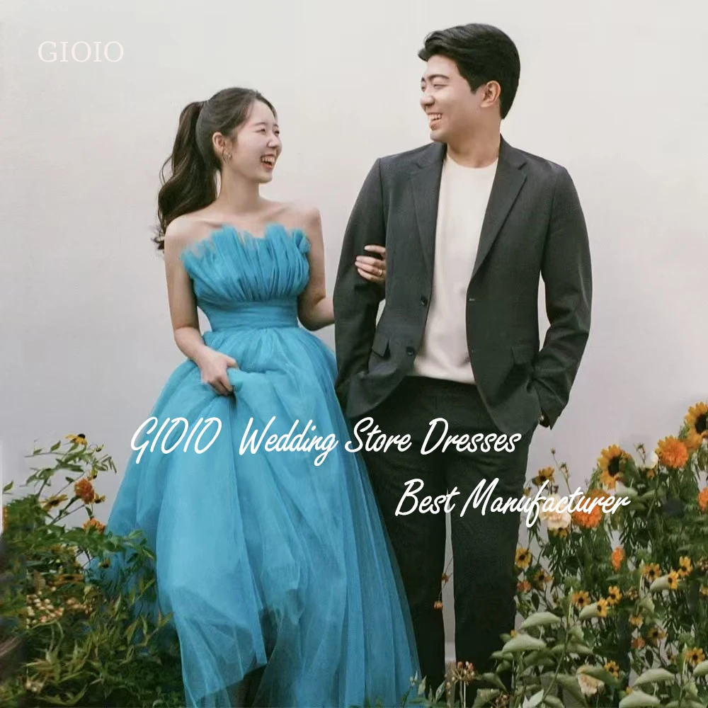 Gioio صدفي الكشكشة كوريا فساتين الزفاف الجنية الأزرق ألف خط فستان الحفلات المسائية صور تبادل لاطلاق النار مخصص مشد ثوب العروس