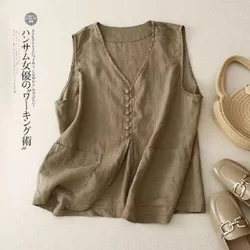 Womens Cotton Linen Vest Buttons Thin Waistcoat