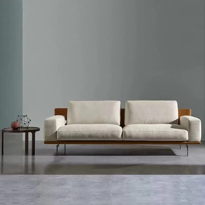 Nordic small apartment light luxury wabi-**** style leather cloth modern simple straight row splicing three-person French cream