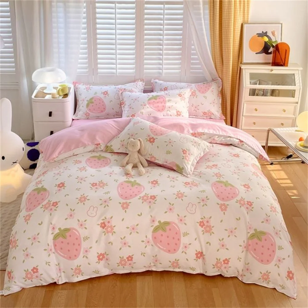 

Cute Strawberry Duvet Cover Set Twin Full Size INS Floral Bedding for Kids Girls Quilt Cover High Quality Bedclothes NO Filling