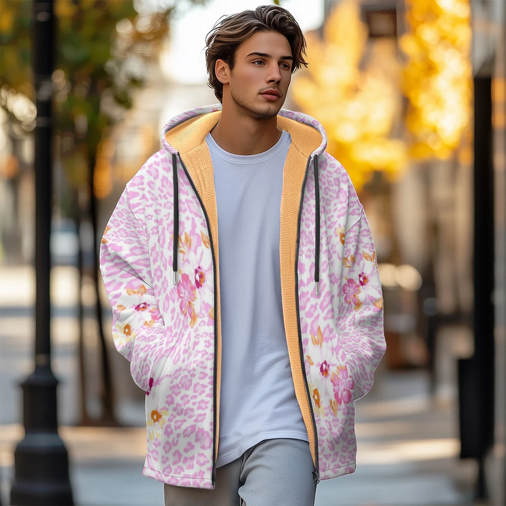 Man winter clothing, New in Down Coats, Light pink graffiti flower dots cotton-padded jacket clothing, feather pocket zipper