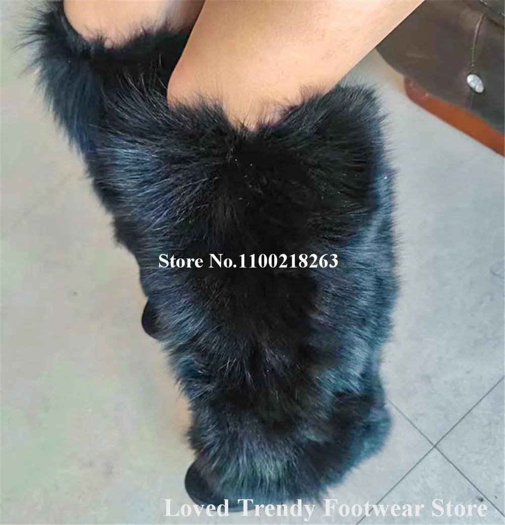 Winter Warm Black White Curve Wool Fur Knee High Wedge Boots Fashion Round Toe Height Increasing Slip-on Long Boots