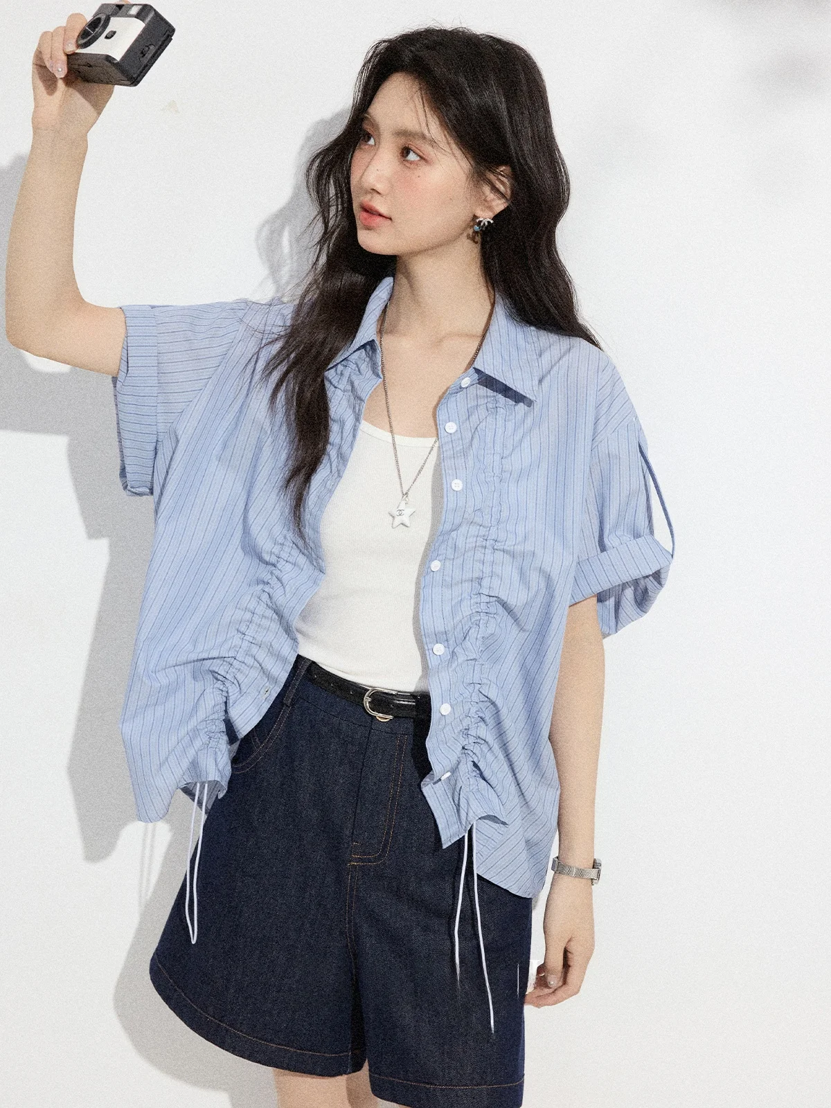 

Blue Striped Short Sleeve Shirt Women's Design Sensation Commute Clothing Top Beautiful Prettiness Zhang Ginger 2026 Summ...