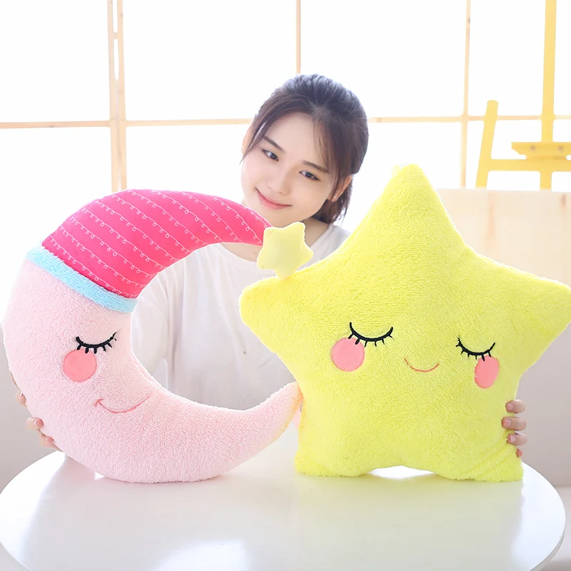 Macio fofo estrela nuvem lua travesseiro de pelúcia recheado amarelo rosa azul almofada natural emoção tímida plushie decoração presente