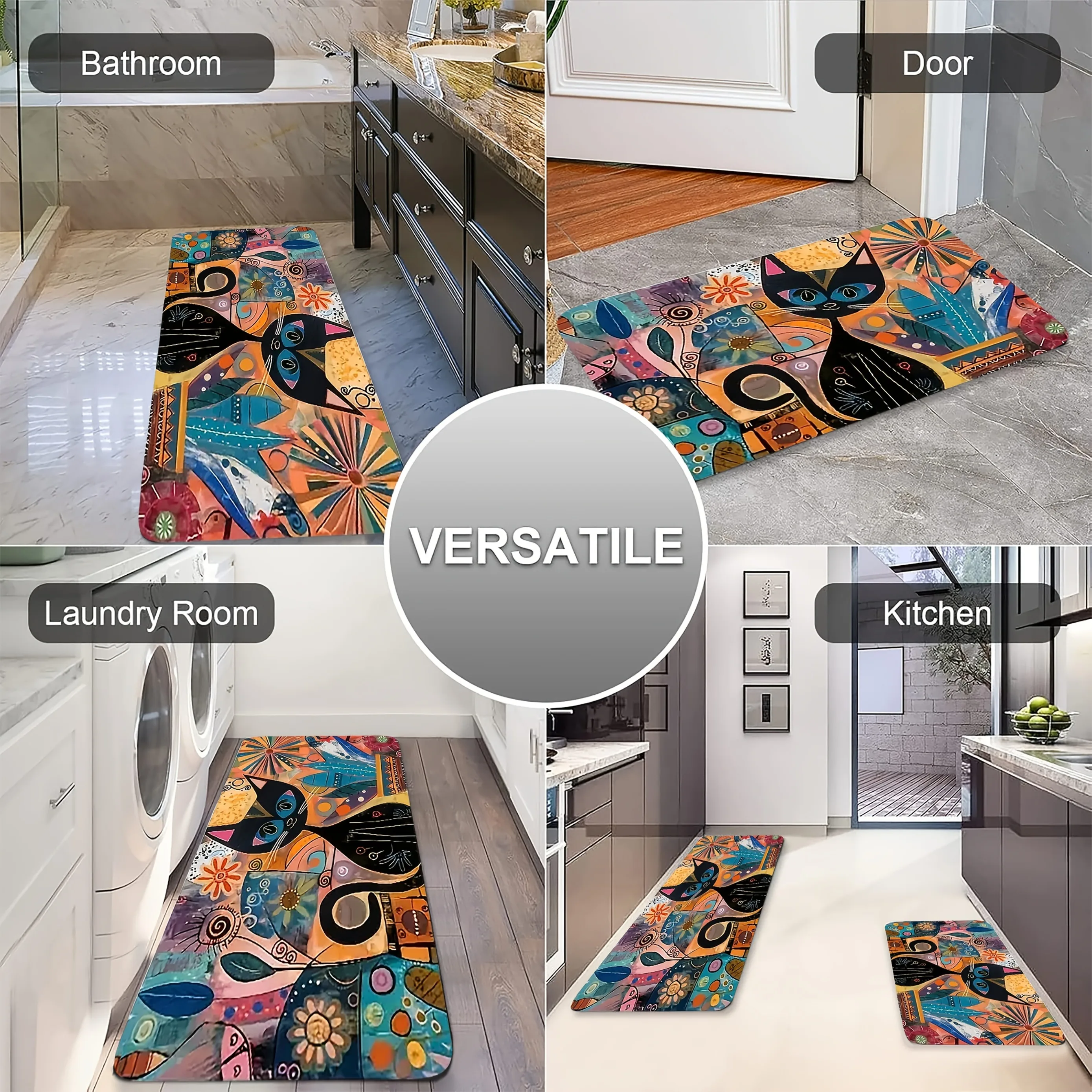 

1PC Whimsical Abstract Cat Art Kitchen Rug Non-Slip Door Mat Pop design Bathroom Rug Bath Mat Carpet for Home Sink Laundry Decor