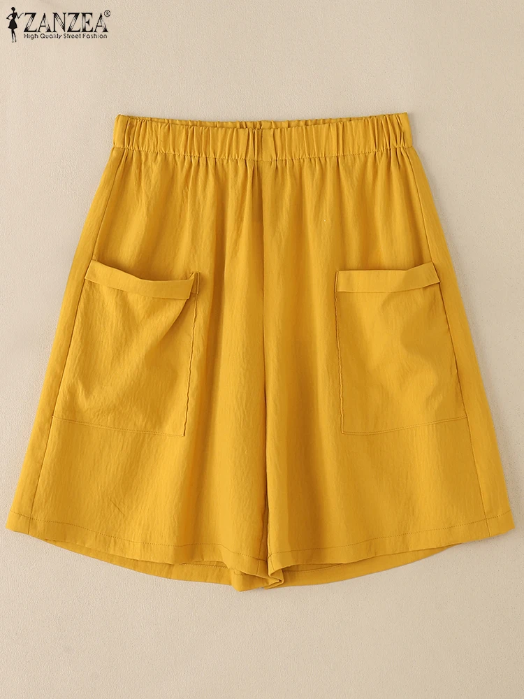ZANZEA-pantalones cortos Vintage de verano para mujer, pantalones de cintura alta elástica con bolsillos, pantalones de pierna ancha de Color sólido, pantalones cortos informales sueltos