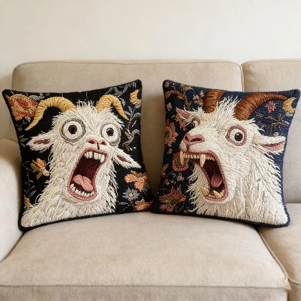 2PCS Gothic Vintage Screaming Goat Throw Pillow Cover Natural Linen Organic Fabric Cushion Case Breathable Home Sofa Decor