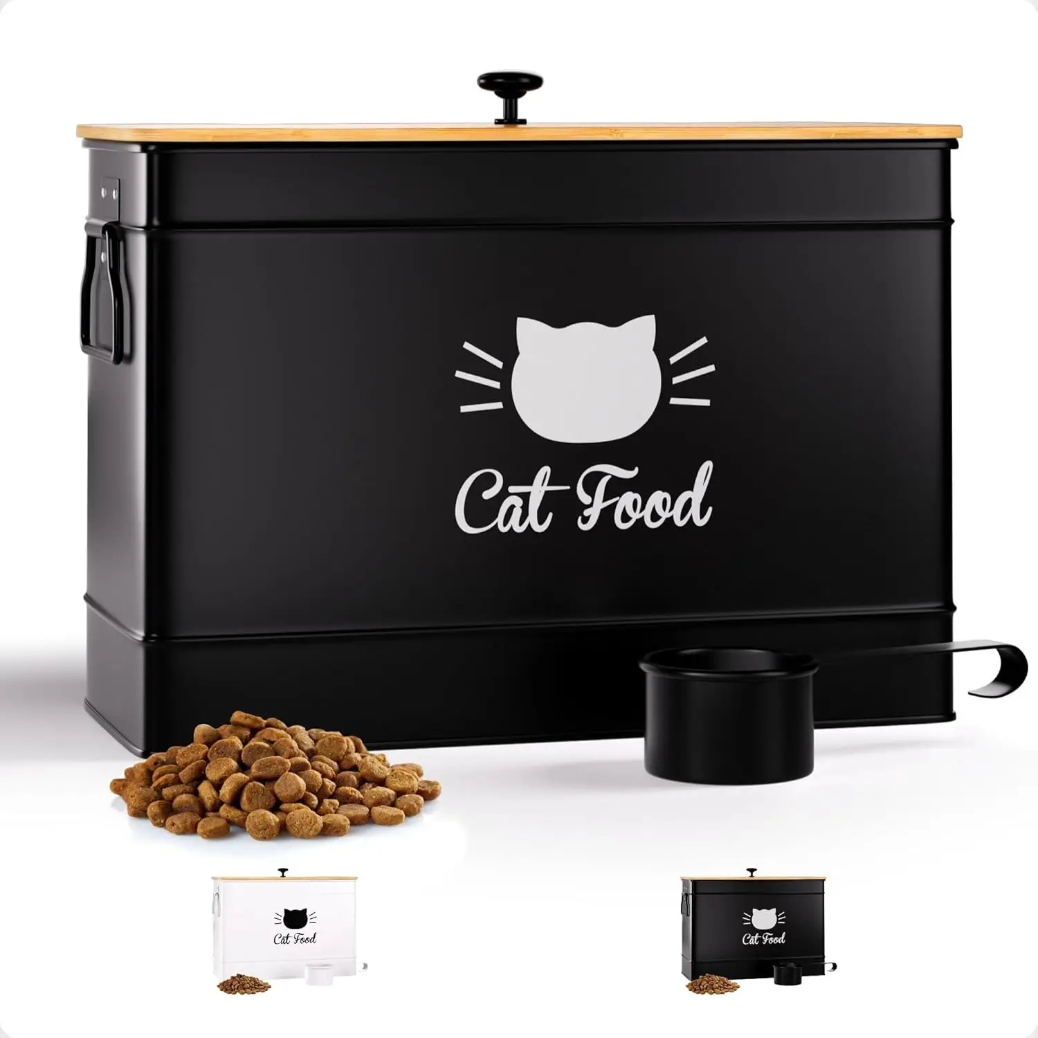 

15 lb Airtight Metal Cat Food Container with Bamboo Lid and Scoop for Fresh Pet Kibble Storage
