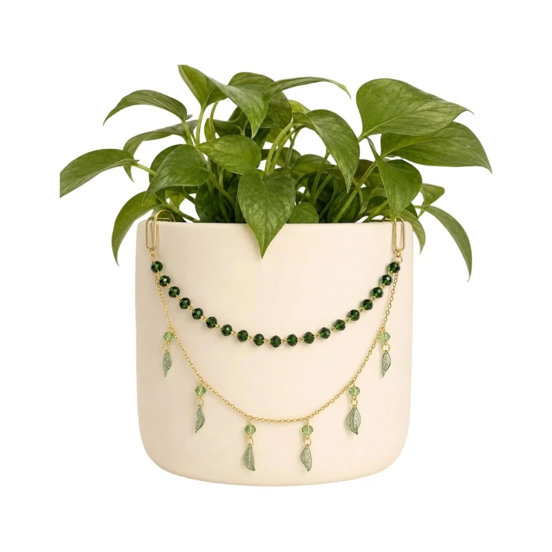 Plant Pot Hanging Accent with Green Faux Crystal Chain and Charms, Hook On Light Catching Piece for Flower Pots, D2RD