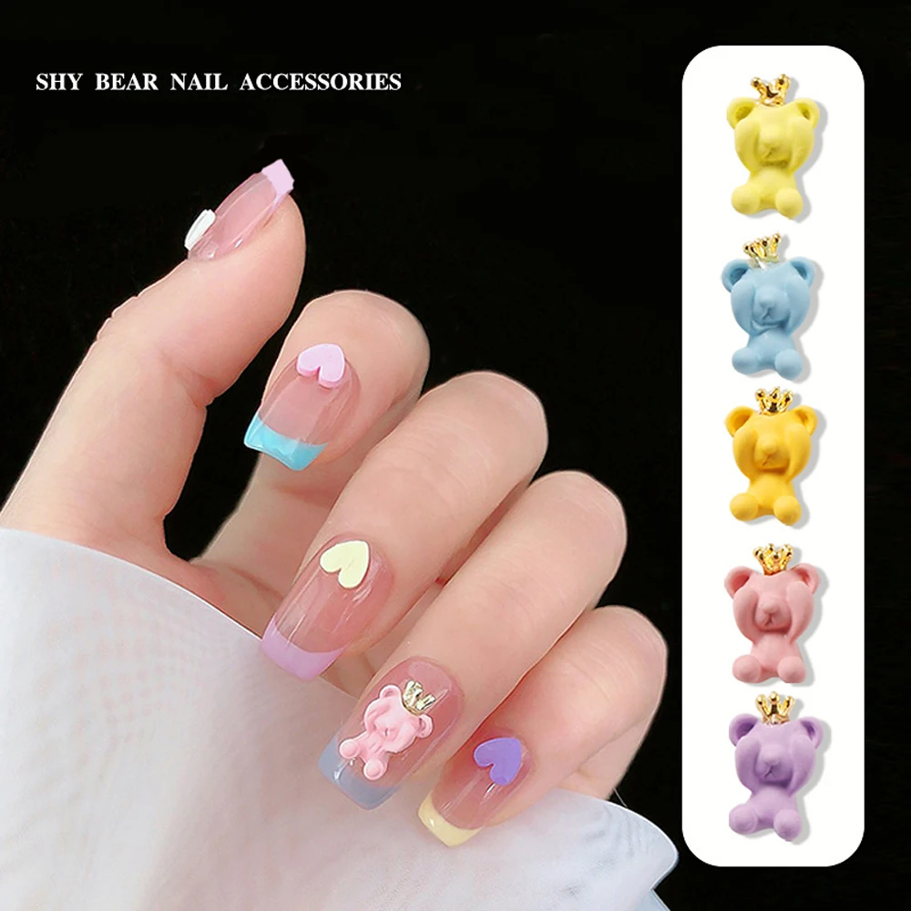 10pcs 3D Kawaii Bear Nail Art Charm 3D Resin Macaron Candy Color Crown Bear Nail Decoration DIY Cute Design Nail Accessories