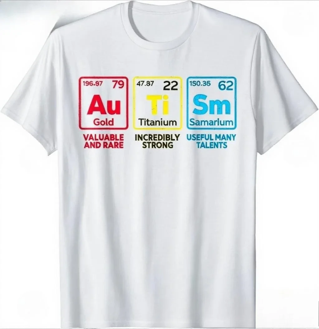 

Autism Elements Periodic Table Graphic Short Sleeve Crewneck T-Shirt Breathable Cotton Casual Tee for Men