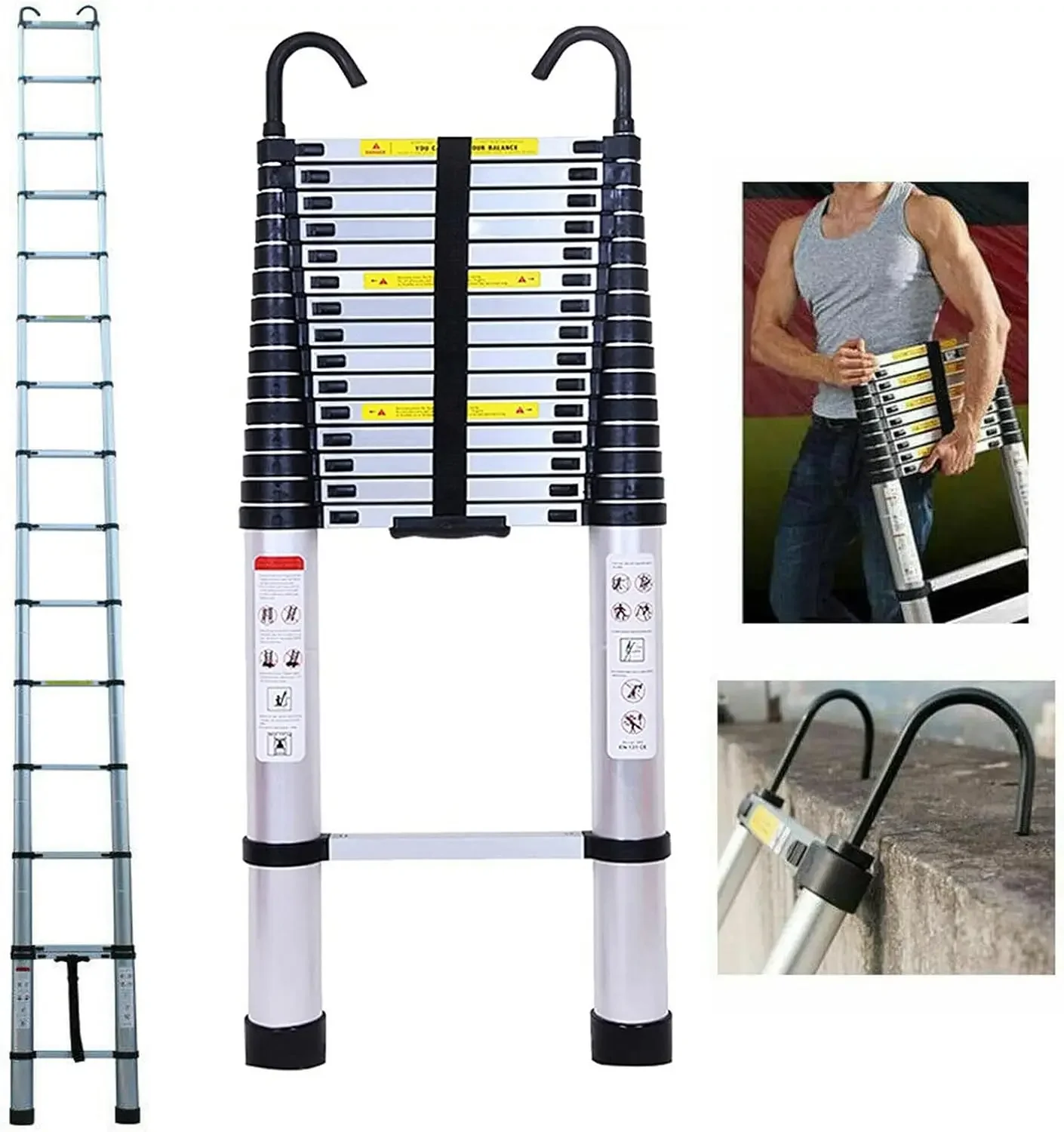Aluminum Telescopic Extension Ladder Heavy Duty 20 Foot Portable Collapsible Multi Purpose 330 Pound Capacity Detachable Hooks