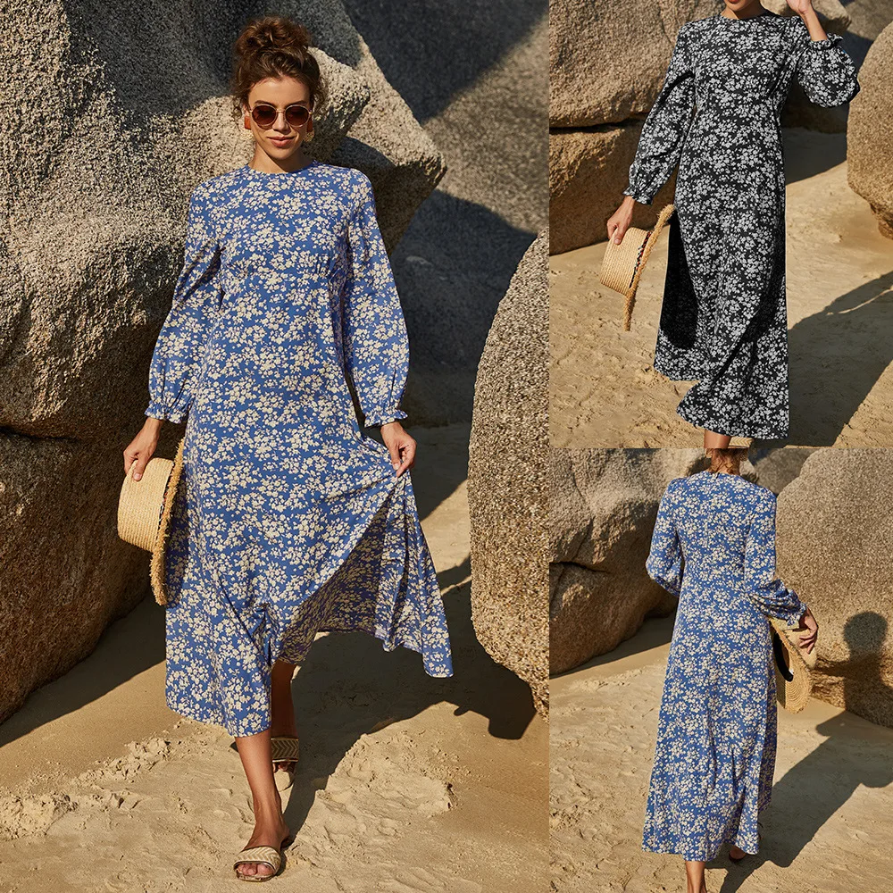 

Fashion Flower Print Long Sleeve Autumn Elegant Dress O Neck Women Pullover Loose Dress Vestidos