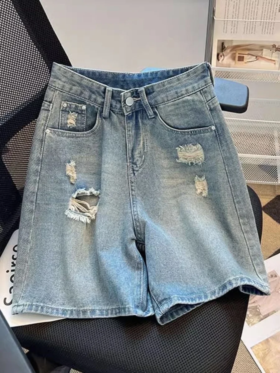 

Men's Ripped Denim orts Summer 2026 Trendy High Street Straight Loose Wide Leg Five-Quarter Pants Casual ex Jeans