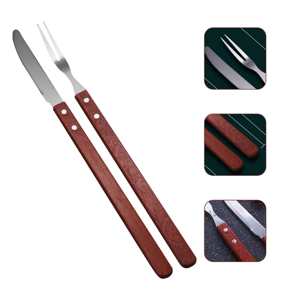 Juego de 1 tenedor y cuchillo para barbacoa de acero inoxidable resistente al óxido con mango de madera natural para asar tomates, cebollas y verduras.