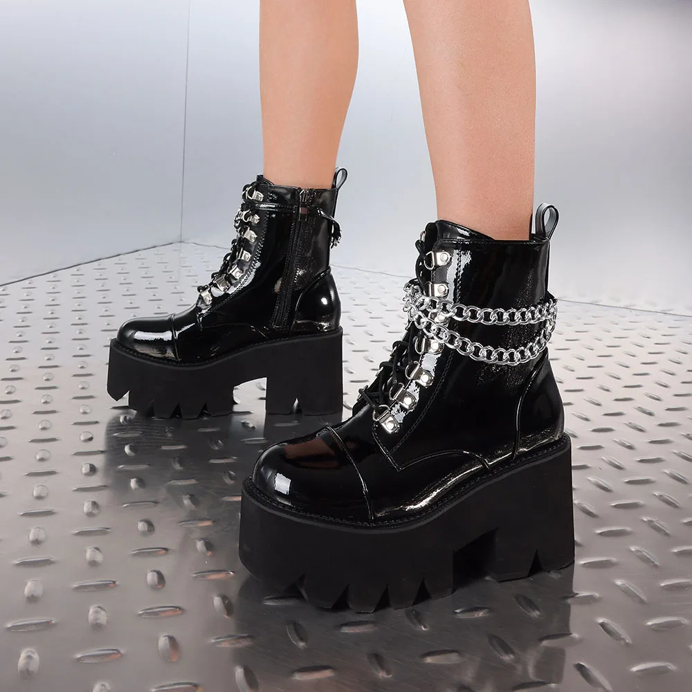 المرأة القوطية حذاء من الجلد سميكة القاع منصة سلسلة معدنية ديكور الشرير مكتنزة عالية الكعب دراجة نارية أحذية بوت قصيرة موضة Stylis
