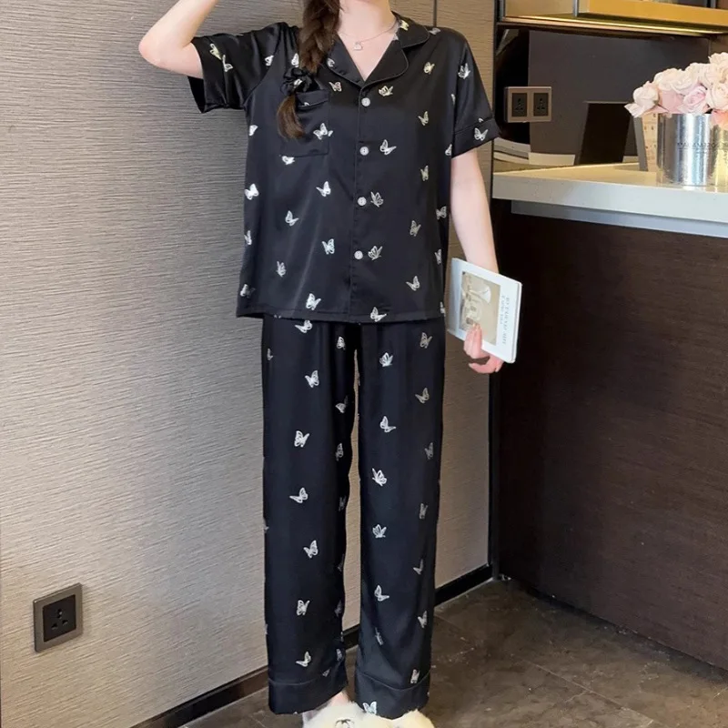 Butterfly Print Pajamas Set for Women Summer Room Wear Setup Satin Silk Pajamas Pajama Sleepwear Loungwear Pants Set Home Suits