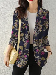 ZANZEA Women Notched Lapel Casual Blazer Elegant Commute Daily Printed Suits Coats Fall 2024 Leisure Long Sleeve Cotton Outwear