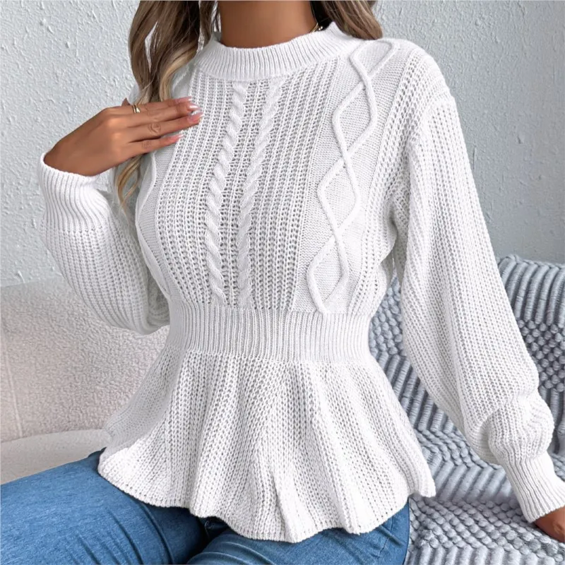 

Solid Fried Dough Twists Waist Ruffle Sweater Autumn Winter Women's Casual Long Sleeved Lantern Sleeve Pullover Top Pulls Femmes