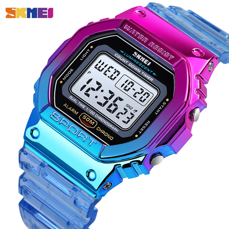 SKMEI Fashion Cool Girls Watches Electroplated Case Transparent Strap Lady Women Digital Wristwatch Shockproof reloj mujer 1622