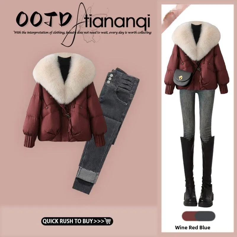

Ankela Red Large Fur Collar Cotton Jaet Women's Outerwear Slim Fit Denim Set Autumn Winter High Waist Jeans Two Piece Suit