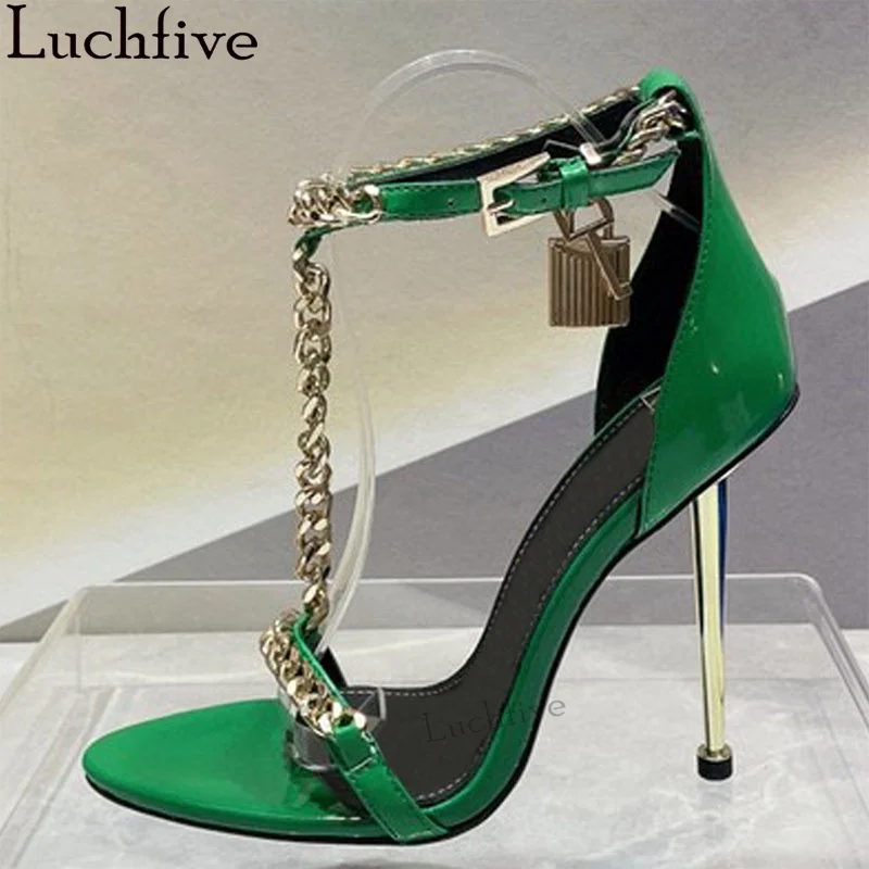 

New Multicolor T-strap Chain High Heel Sandals Woman Sexy Fashion Week Party Shoes Summer Plus Size Luxuy Brand Sandals Mujer