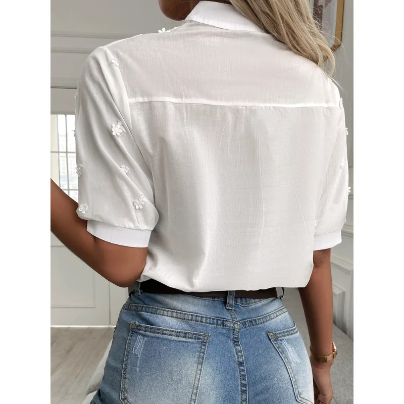 Summer Floral Embroidery Lace Blouse Hollow-out Stand Collar V Neck Casual Shirt Women Elegant Short Sleeve Cotton Tops 24350