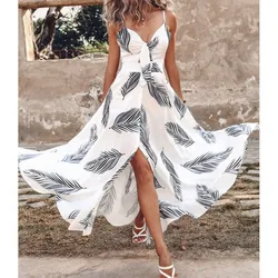 Sexy Spaghetti Strape Bow Dresses For Women 2024 Summer Fashion Botanical Print Big Swing Slit A-line Vacation Beach Dress Robe