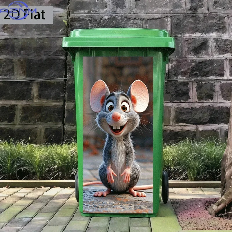 2D Flat Printing 1pc Trash Can Sticker ×inch Grinning Mouse Themed Design Self-Adhesive Kitchen Trash Can Decoration Suitable