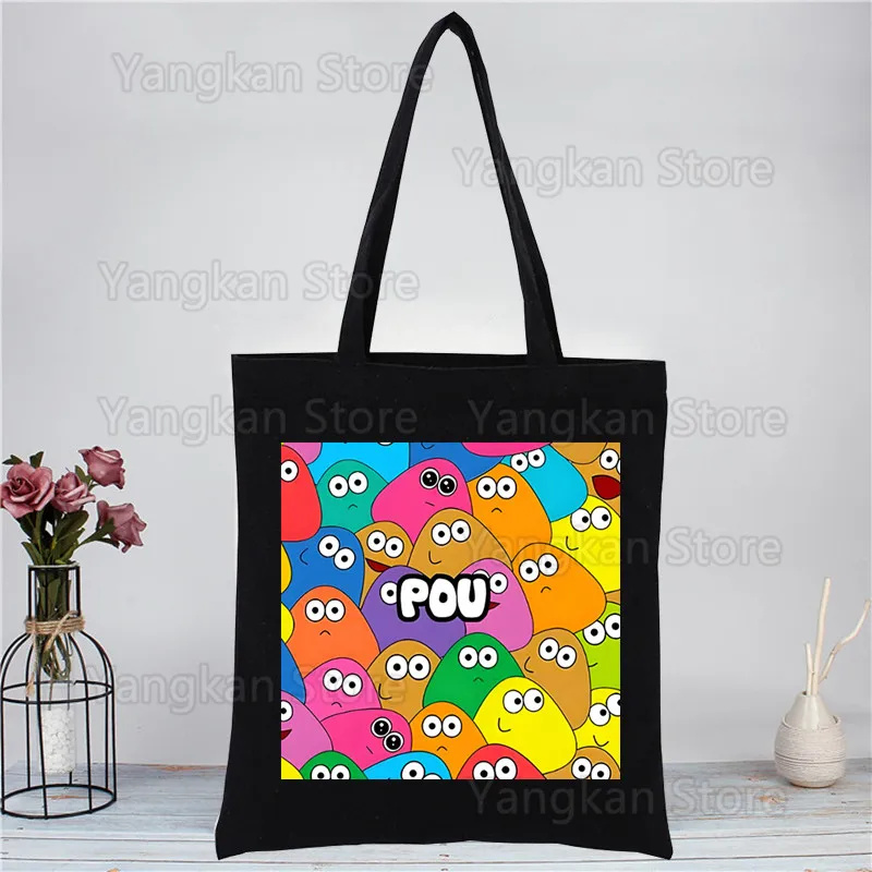 Pou Handbags Hot Selling Fashion Handbag Canvas Bag Tote Ladies Casual Shoulder Bag Reusable Shopping Bags Black