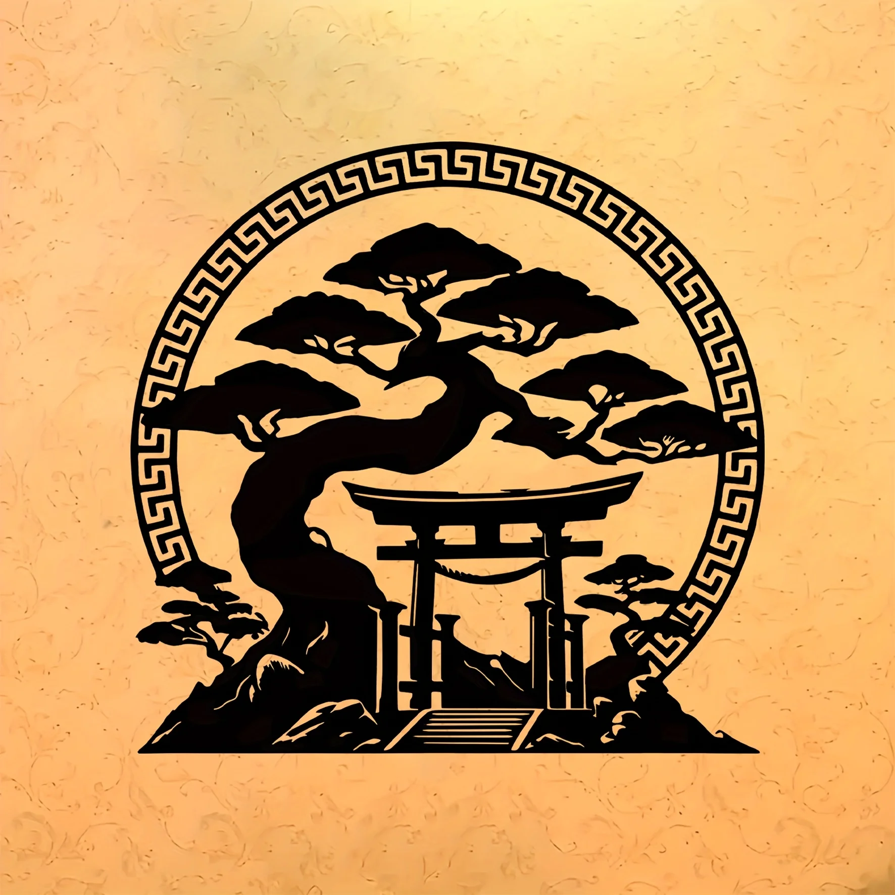CIFBUY Japanese Style Tree Metal Wall Art, Black‑Gold Potted Plant Wrought Iron Decor, Rust‑Resistant Indoor Outdoor